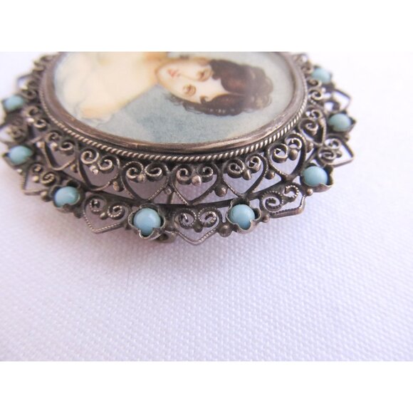 Antique miniature watercolour portrait brooch in 800 silver frame - Picture 6 of 10